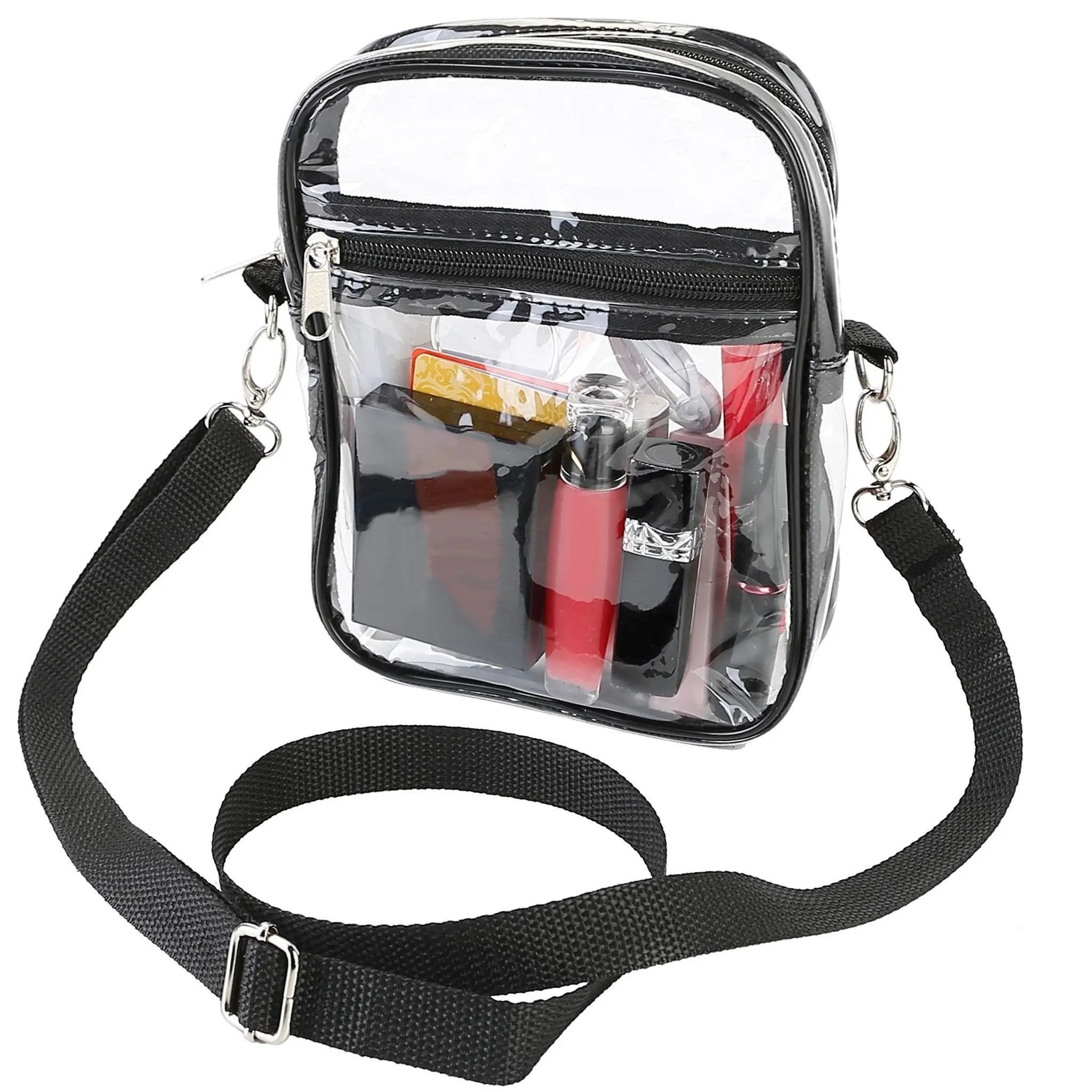 Clear PVC crossbody bag with see-through panels, zip pockets and an adjustable strap; Best Product Finds