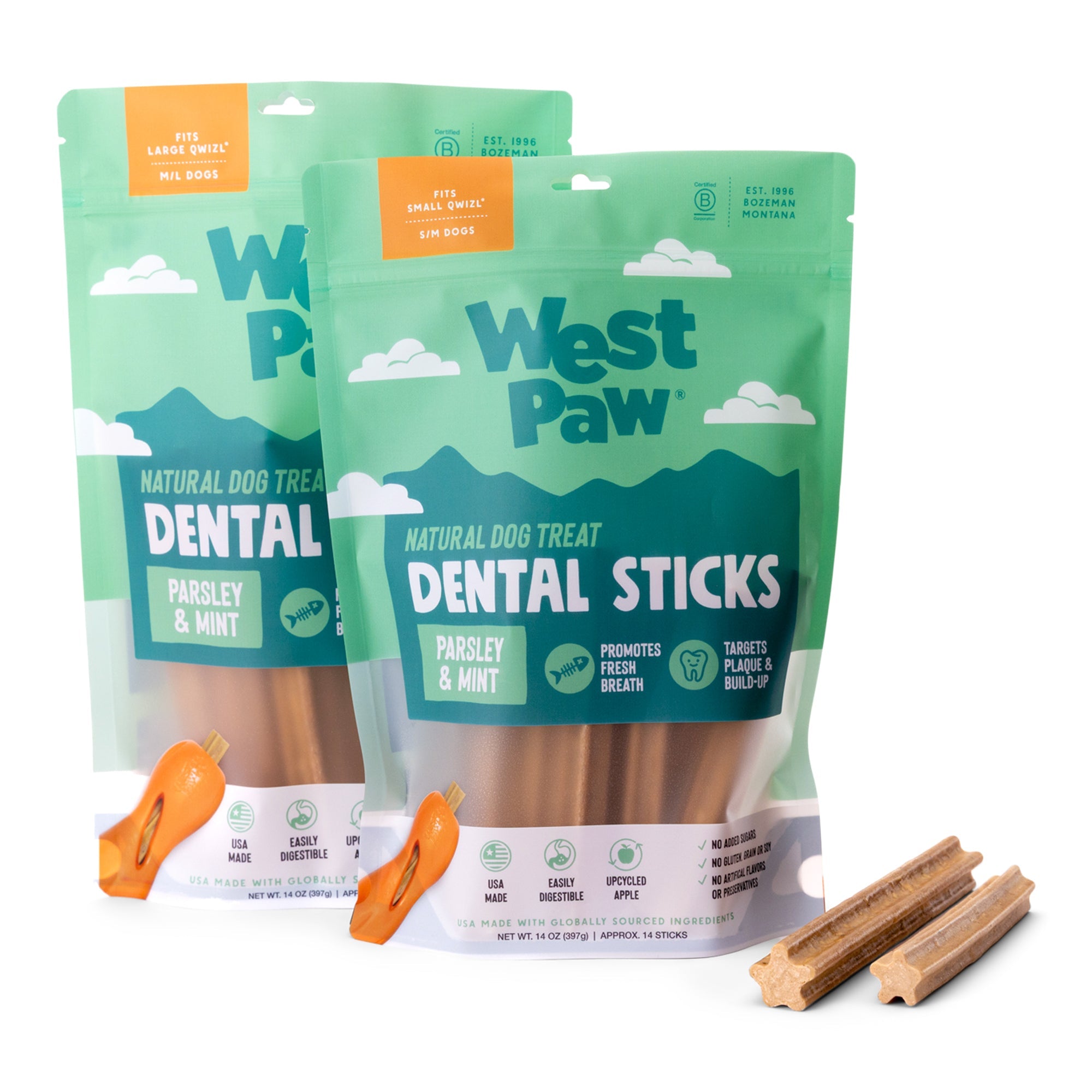 Large and small natural dental sticks shown in and out of packaging.