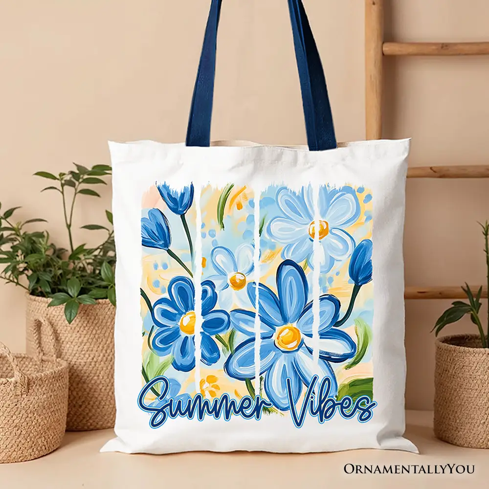 Tote bag Summer Vibes Brushstroke Flowers by OrnamentallyYou, blue floral artwork with navy handles.