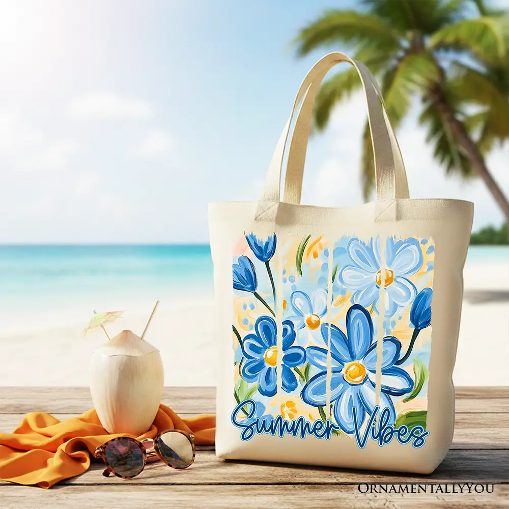 Summer Vibes Brushstroke Flowers Tote Bag by OrnamentallyYou on cream canvas with blue floral design