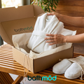 Organic cotton bathrobe and matching slipper set.