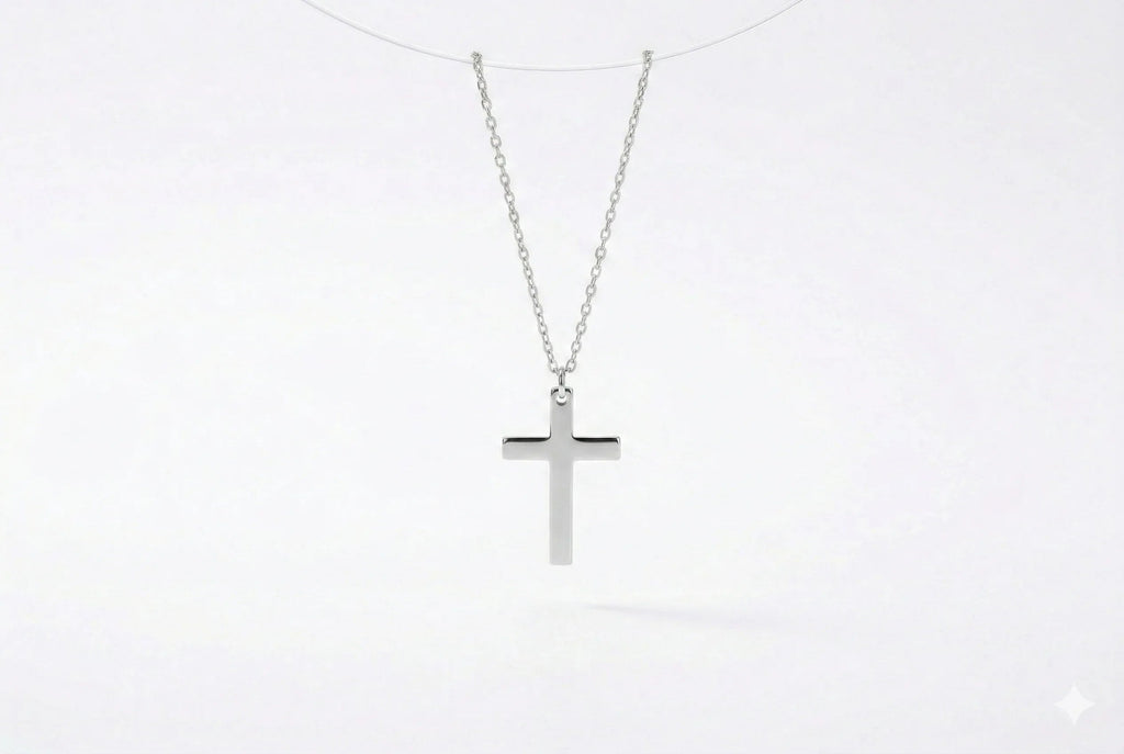 Sterling silver cross necklace in silver, gold, and rose gold finishes.