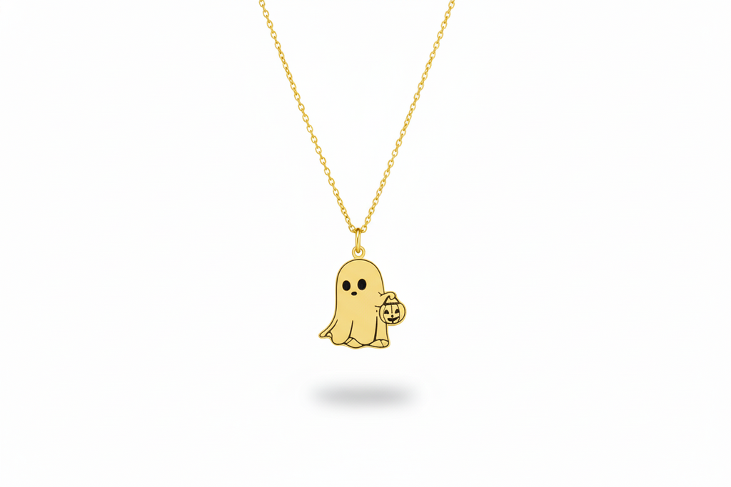 Sterling silver ghost pendant necklace with pumpkin charm.