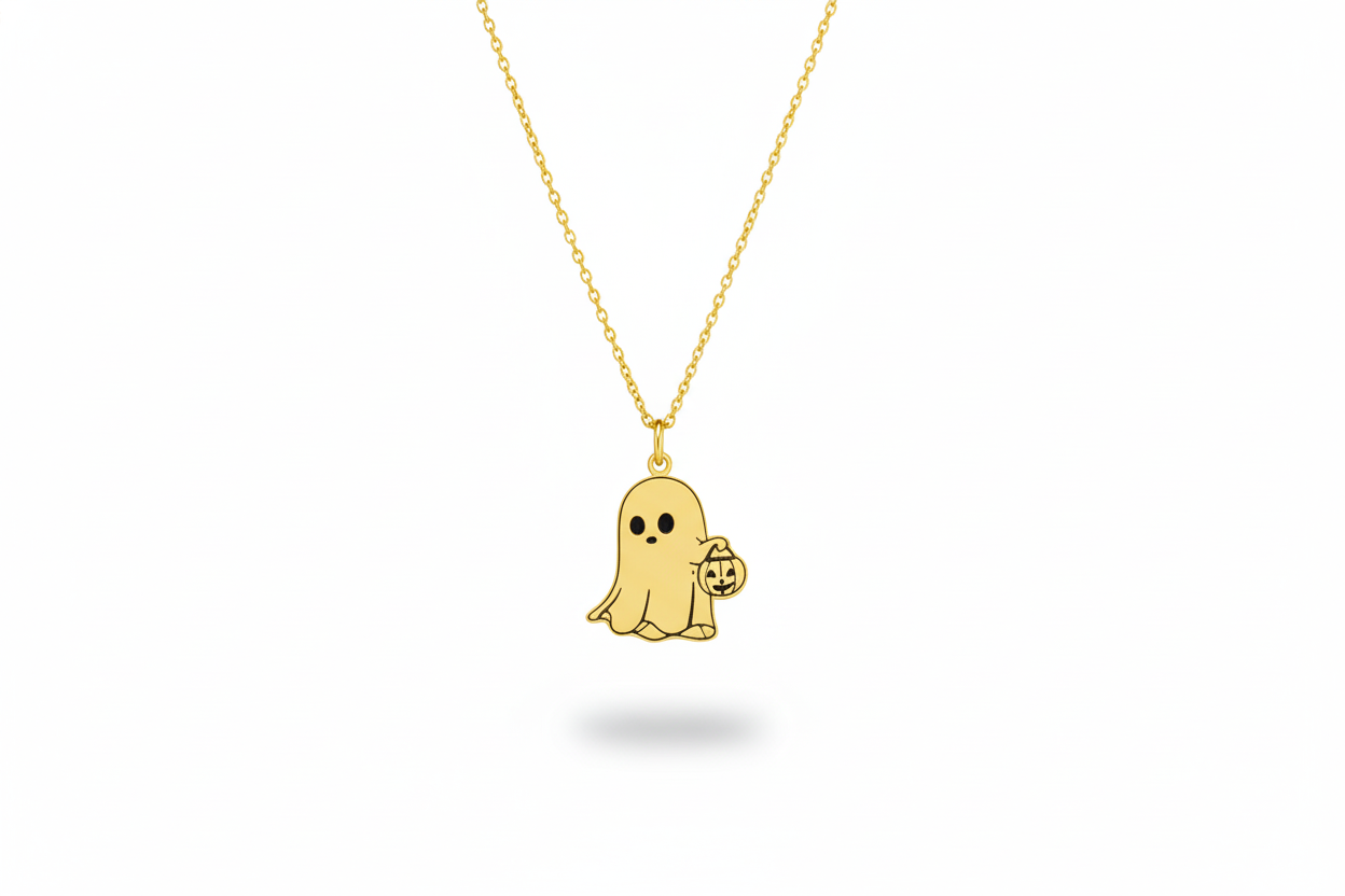 Sterling silver ghost pendant necklace with pumpkin charm.