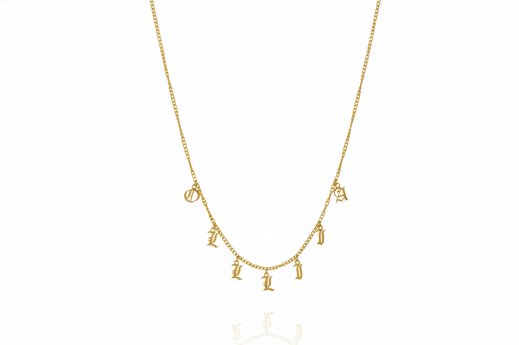 Personalized Old English gothic name necklace in sterling silver.