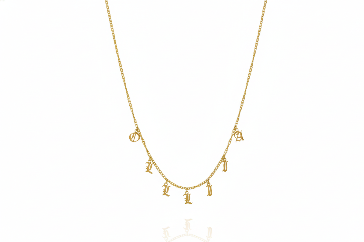 Personalized Old English gothic name necklace in sterling silver.