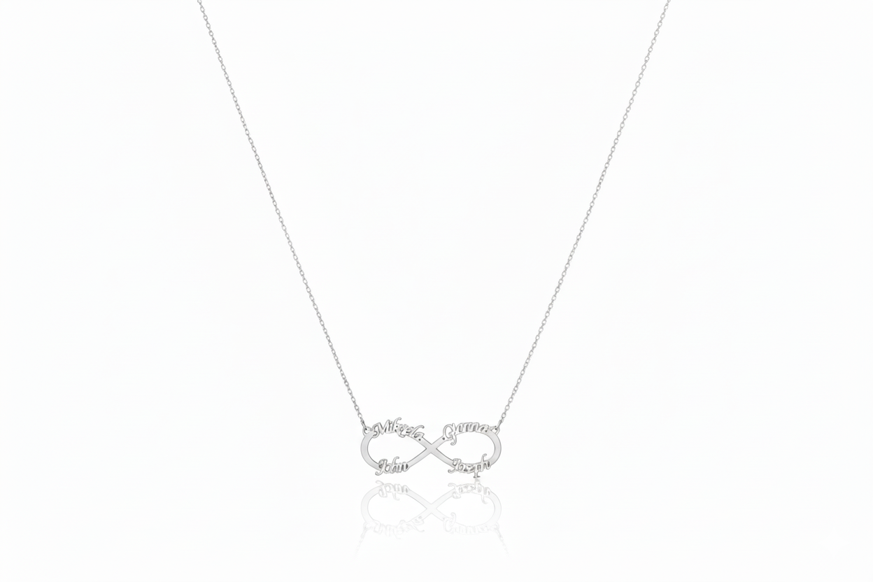 Personalized sterling silver infinity family name necklace.