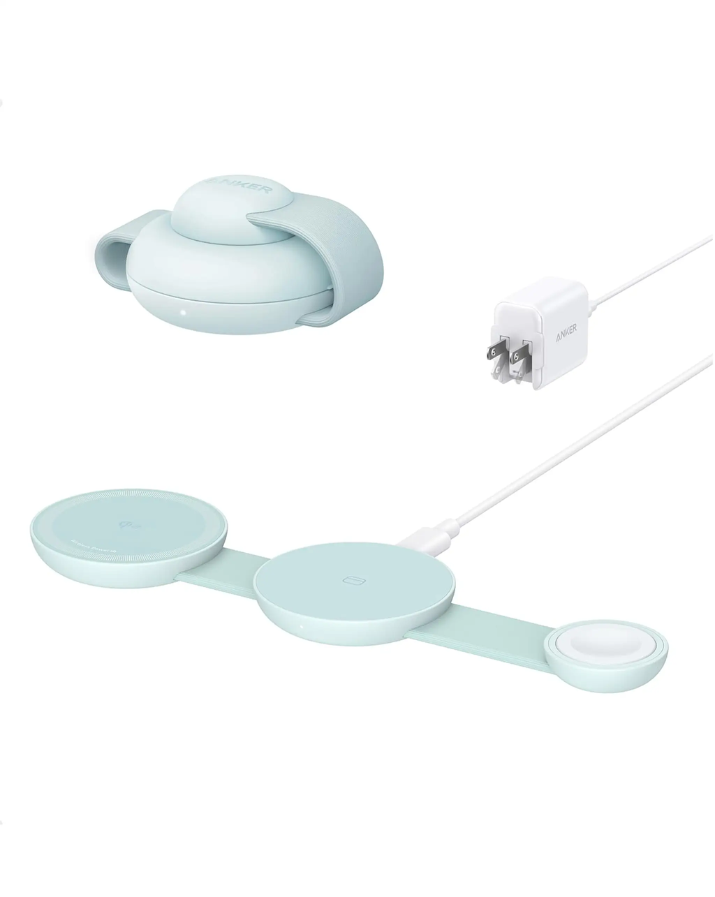 Anker MagGo 3-in-1 Foldable Wireless Charging Station in mint blue with cable and wall adapter