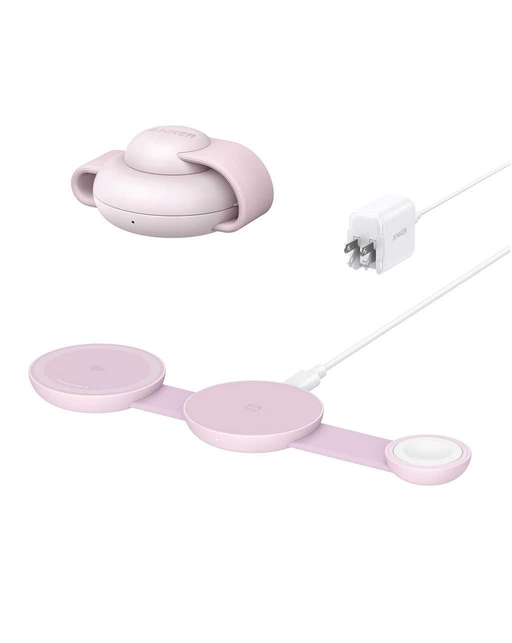 Anker MagGo 3-in-1 wireless charging station pink foldable pad and power adapter (2 items)