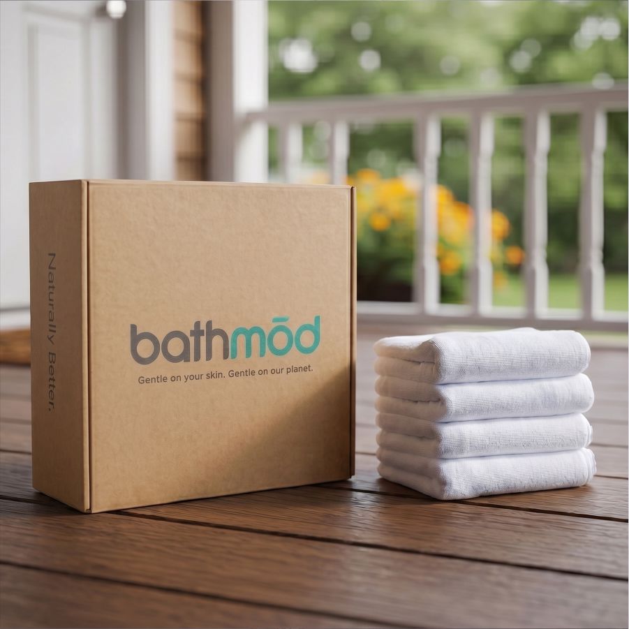 Luxury Organic Bath Mats (Four Pack) by bathmod; white folded mats beside a cardboard box.