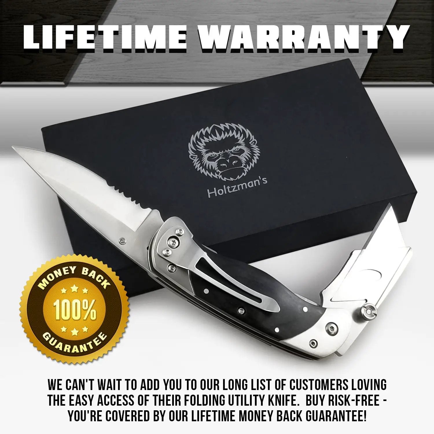 Holtzman's Gorilla Survival folding utility knife with dual blades and belt clip gift set