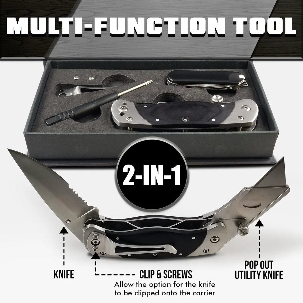 Holtzman's Gorilla Survival premium utility knife set, 2-in-1 black folding box cutter with belt clip