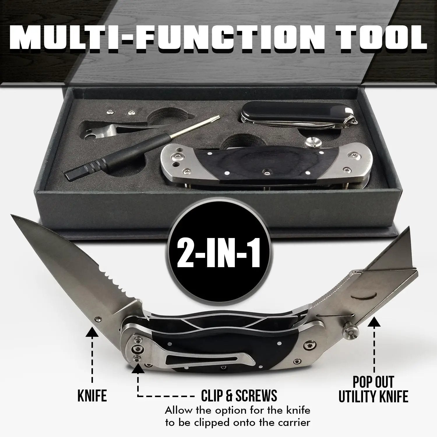 Holtzman's Gorilla Survival premium utility knife set, 2-in-1 black folding box cutter with belt clip