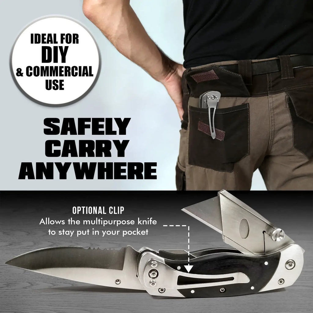 Premium Utility Knife by Holtzman's Gorilla Survival with belt clip; folding dual-blade pocket knife.