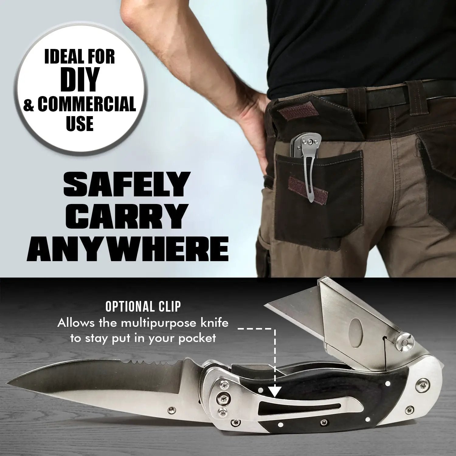 Premium Utility Knife by Holtzman's Gorilla Survival with belt clip; folding dual-blade pocket knife.