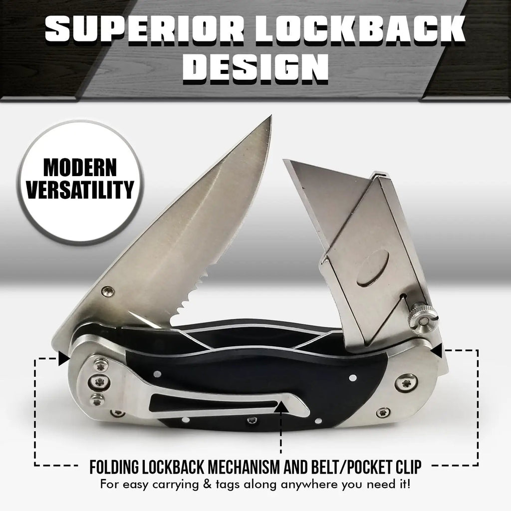 Holtzman's Gorilla Survival folding utility knife with belt clip and heavy-duty dual blades