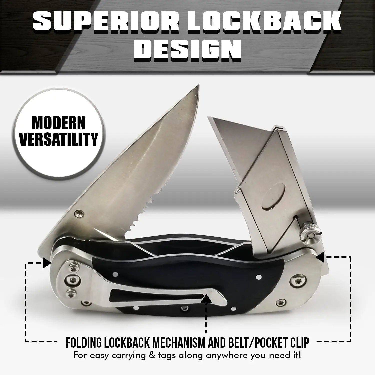 Holtzman's Gorilla Survival folding utility knife with belt clip and heavy-duty dual blades