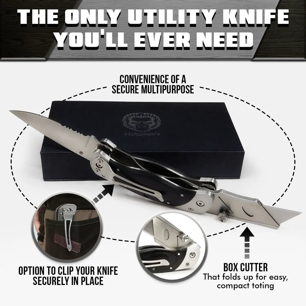 Premium Utility Knife folding pocket knife with belt clip and dual blades, Holtzman's Gorilla Survival