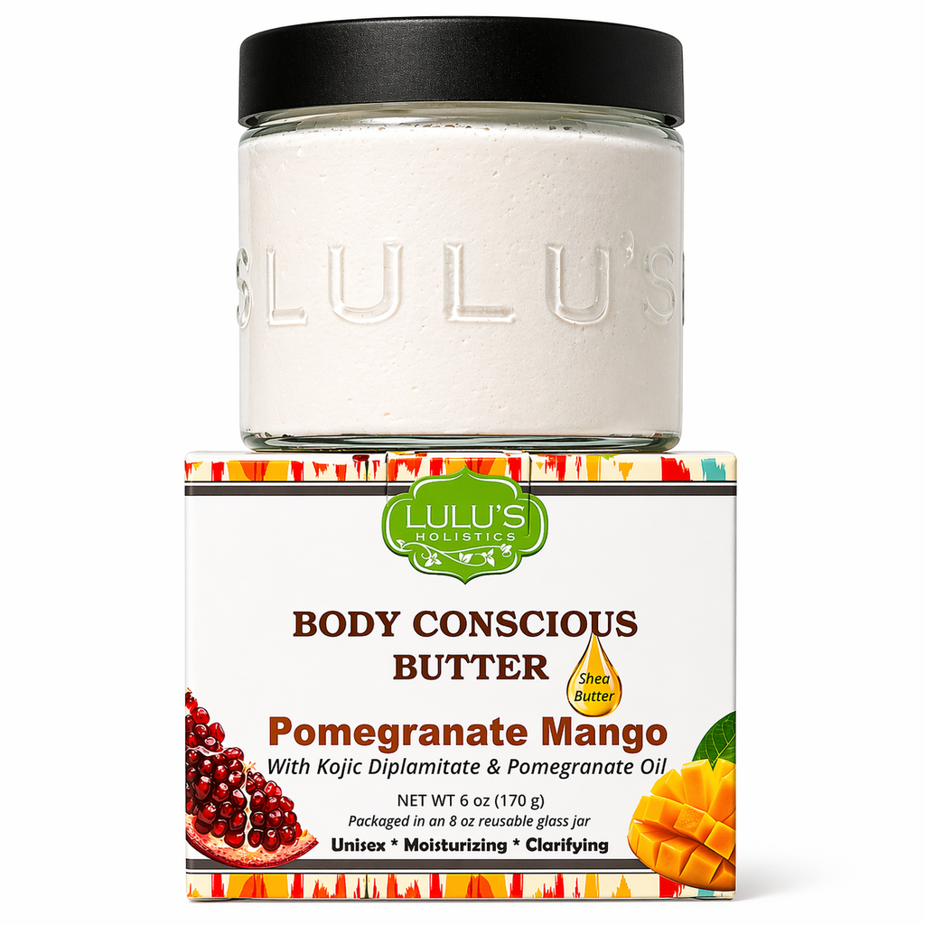 Lulu's Holistics pomegranate mango kojic whipped body butter.