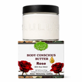 Rosewater Whipped Body Butter jar by Lulu’s Holistics; white whipped butter in a glass jar with a black lid on its box