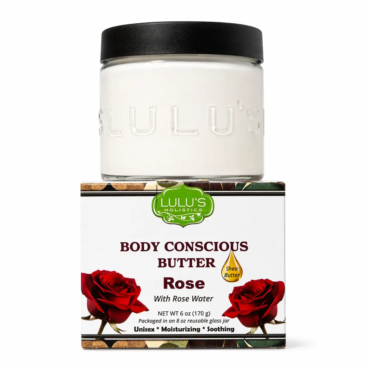 Rosewater Whipped Body Butter jar by Lulu’s Holistics; white whipped butter in a glass jar with a black lid on its box
