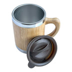 Bamboo insulated mug with handle, side view.