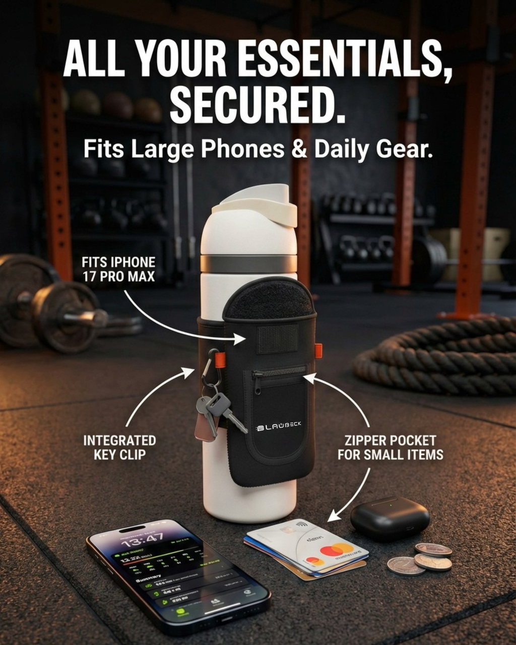 Magnetic water bottle sleeve with large phone holder by BLAUBECK; black with integrated key clip and zip pocket