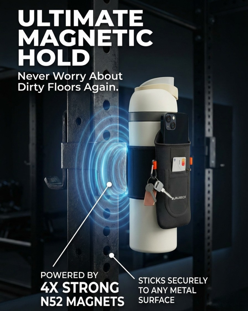 BLAUBECK magnetic water bottle sleeve with a large phone holder attached to a gym rack, white bottle visible