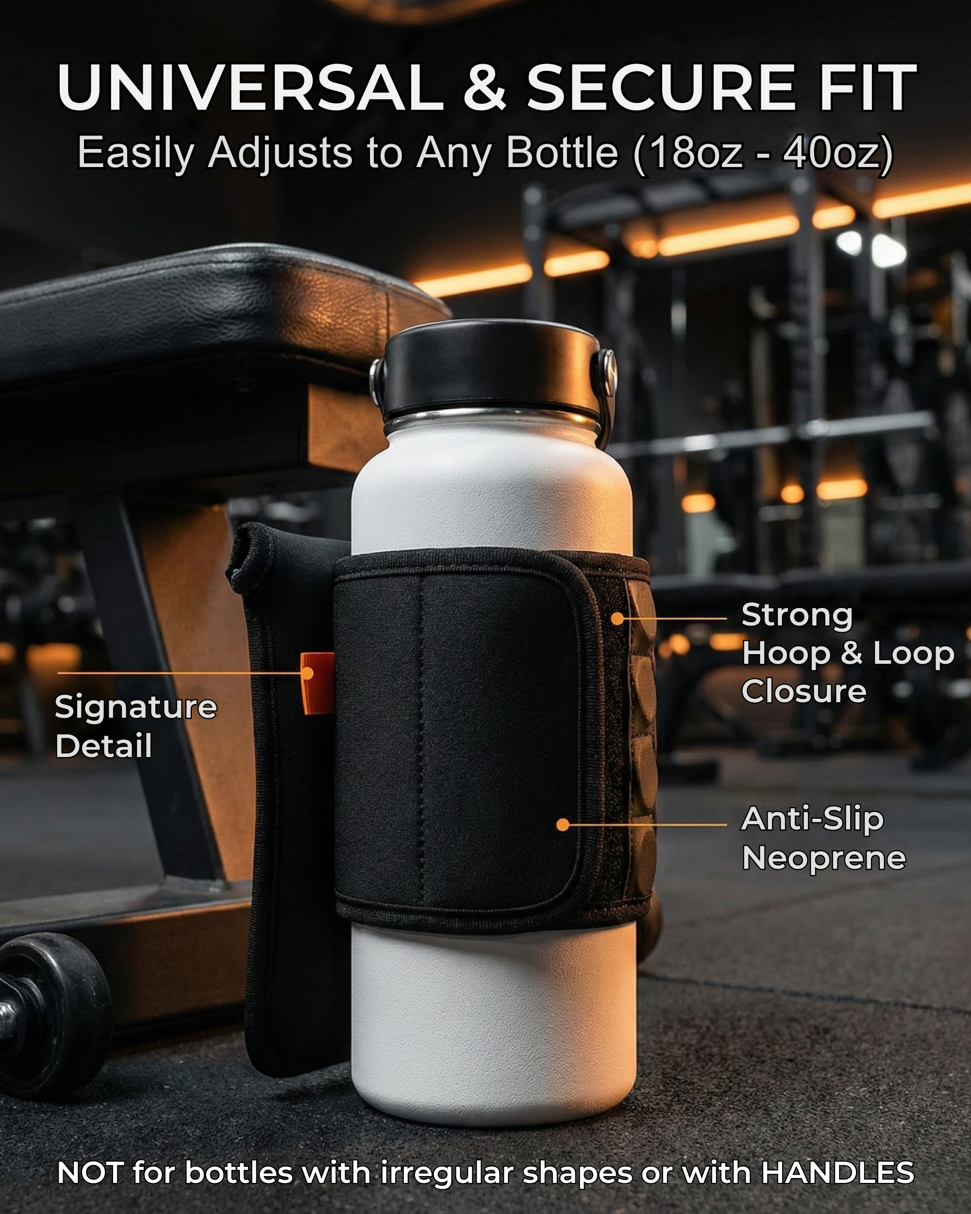 BLAUBECK magnetic bottle sleeve with phone holder on gym bag; neoprene, anti-slip, adjustable for 18-40 oz bottles.
