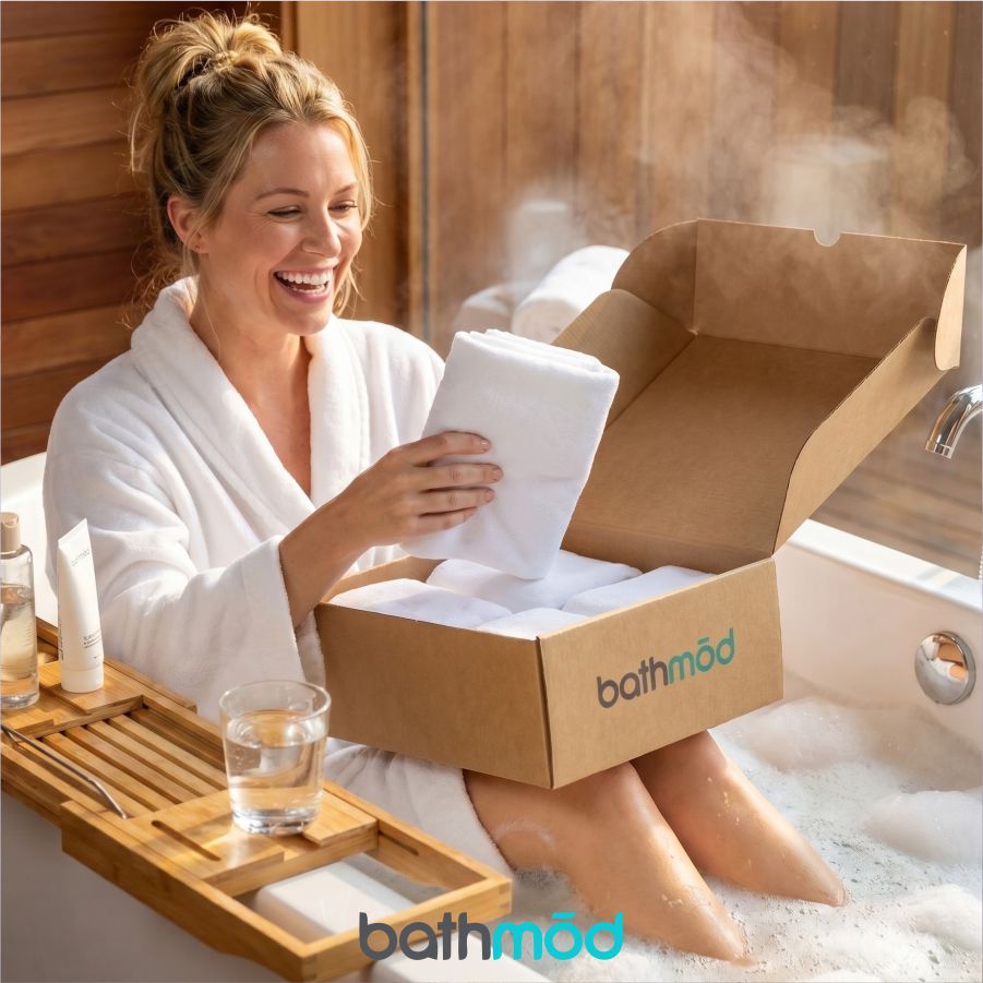 Bath mats four-pack in white, packaged in a Bathmod box; ecobrands® Luxury Organic Bath Mats