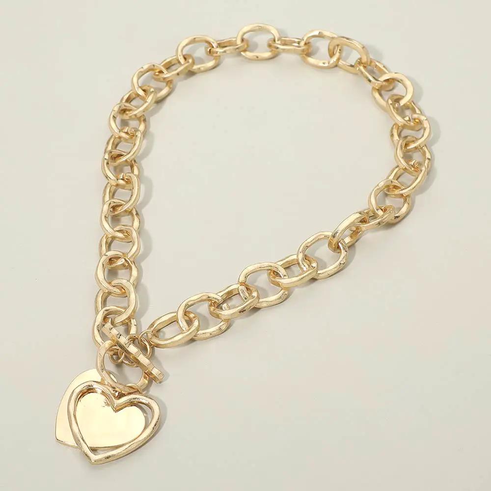 Hammered Layered Heart Pendant Chunky Chain Toggle Necklace, gold-tone, by Madeline Love