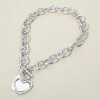 Hammered Layered Heart Pendant Chunky Chain Toggle Necklace in silver-tone metal
