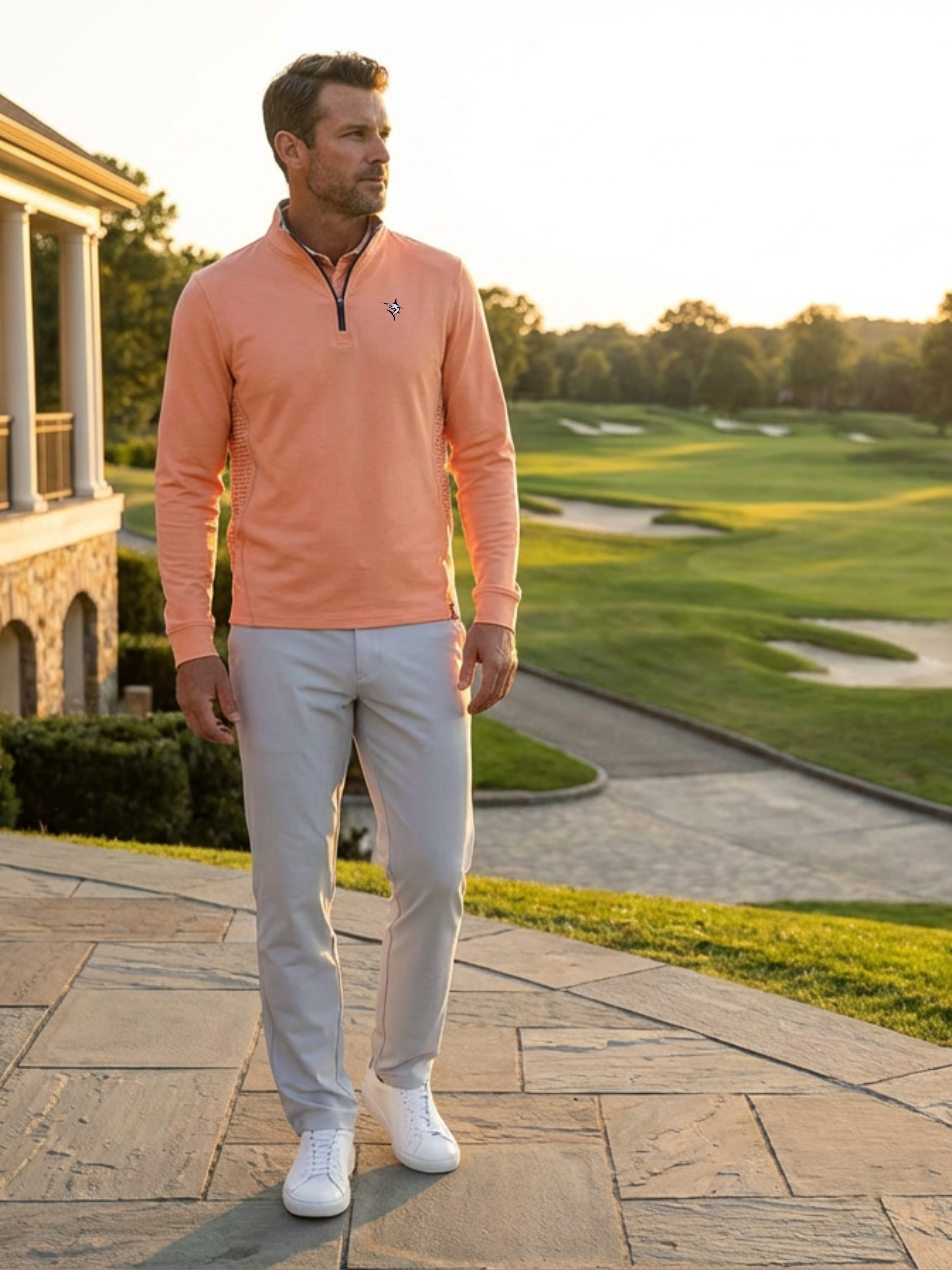 Monterey Performance Papaya Quarter Zip Lightweight Poly Spandex Top With Breathable Stretch And SPF 50 by White Water Life
