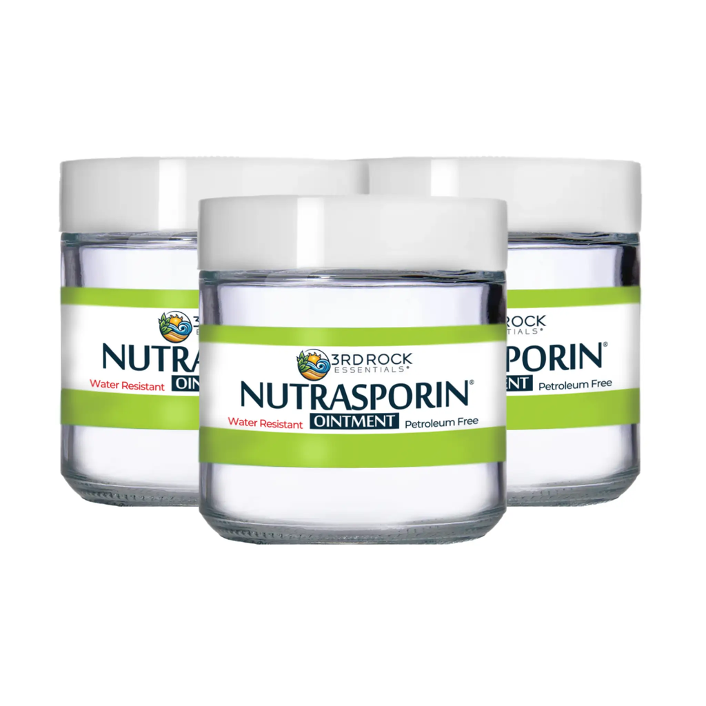 Nutrasporin Ointment jars (3) by 3rd Rock Essentials with white lids and green band, water resistant