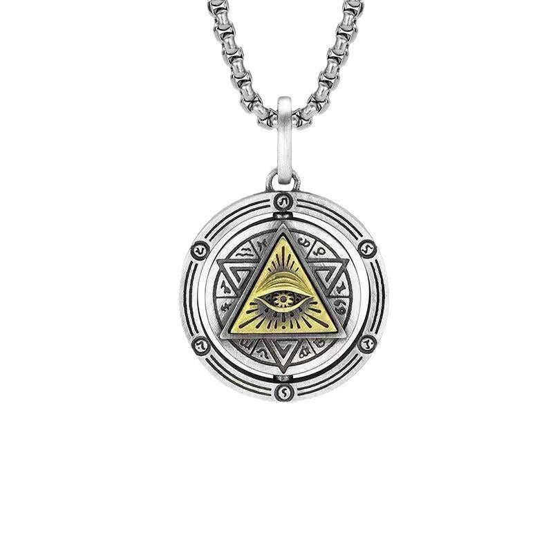 God's Eye Rotatable Pendant necklace; silver-tone circular pendant with gold triangle eye on a silver chain