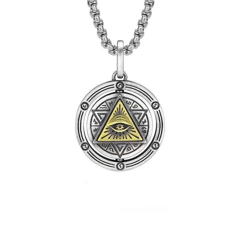 God's Eye Rotatable Pendant, silver-tone circular pendant with a gold triangle eye motif on a chain.