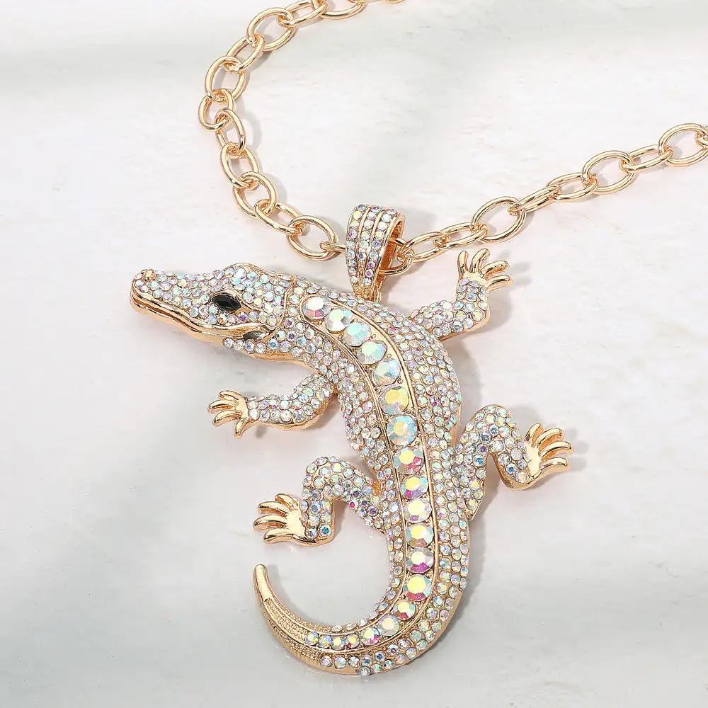 Bold Bling Studded Alligator Pendant Chunky Chain Necklace by Madeline Love in rose-gold tone with crystals