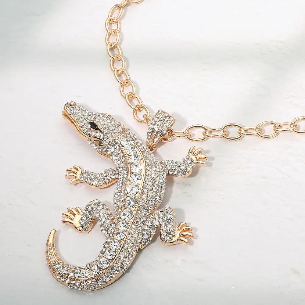 Alligator pendant necklace by Madeline Love in rose-gold with pave crystals on a chunky chain