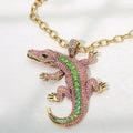 Bold Bling Studded Alligator Pendant Chunky Chain Necklace by Madeline Love, gold-tone with pink and green stones