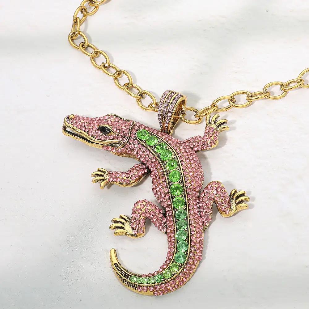Bold Bling Studded Alligator Pendant Chunky Chain Necklace by Madeline Love, gold-tone with pink and green stones