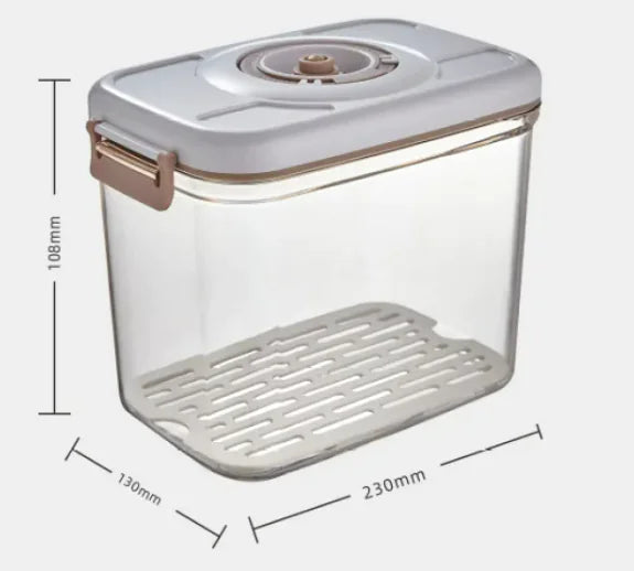 Food Vacuum Storage Box by Anti Spier, clear body with beige lid and vacuum pump, 230x130x108mm.