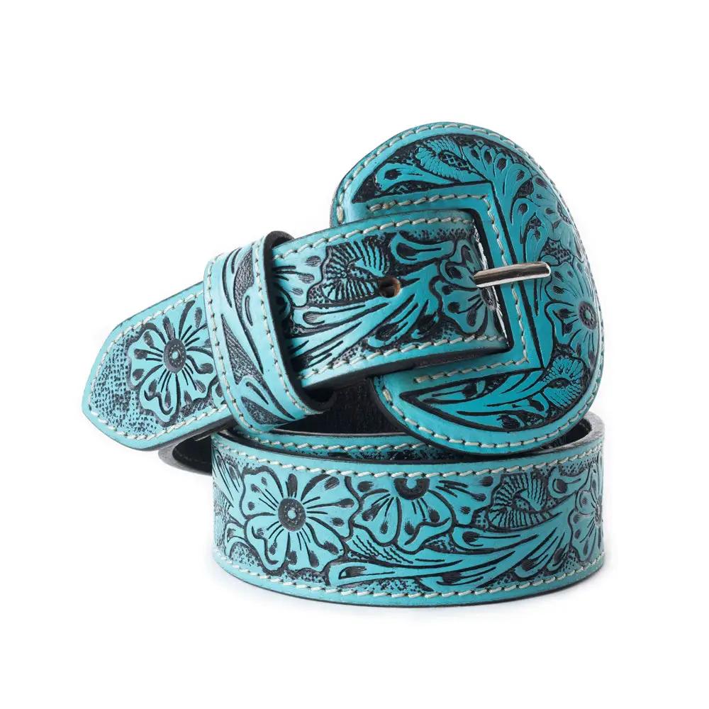 Myra Talon High Azure Tooled Leather Belt for Women with Western embossed floral rodeo buckle