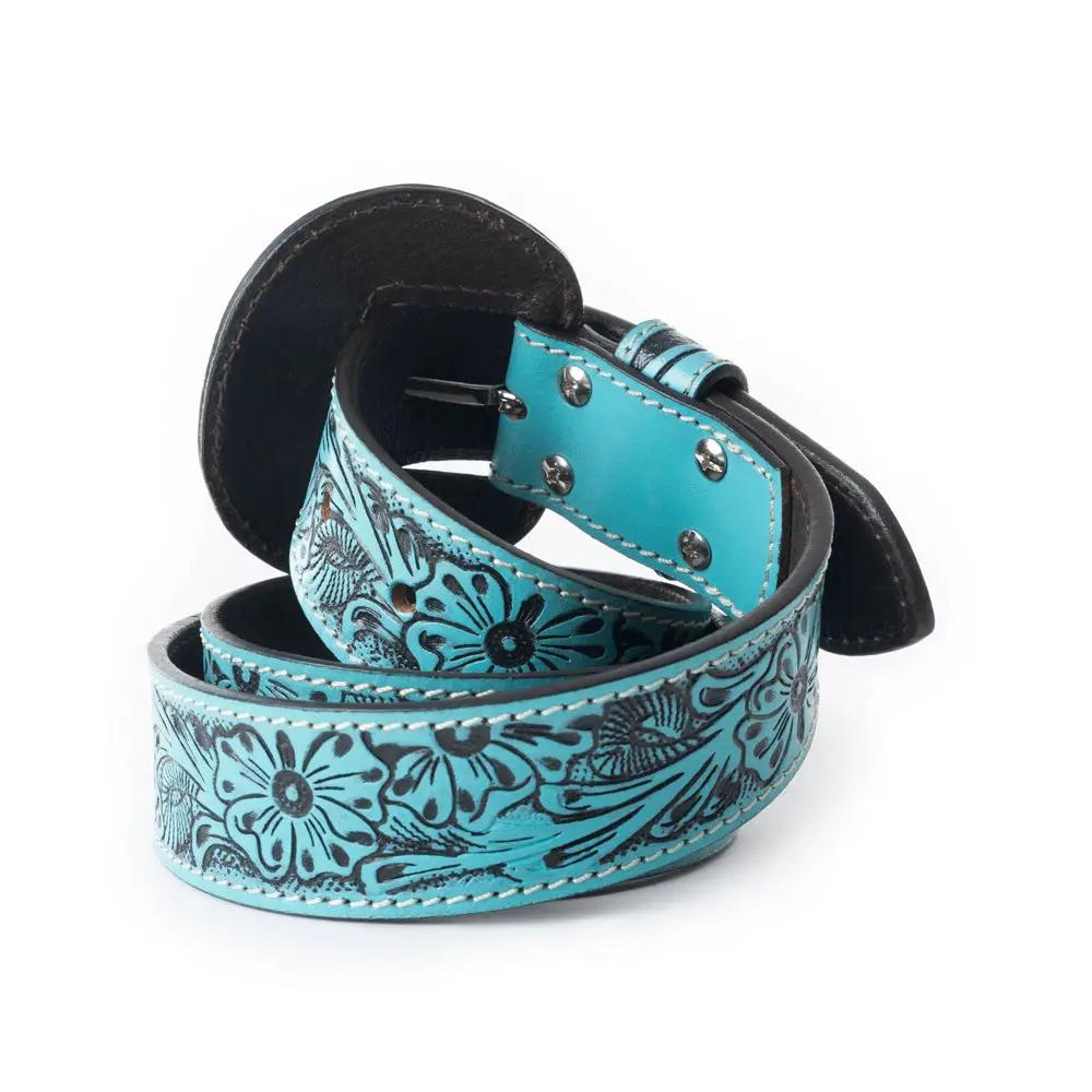Myra Talon High Azure Tooled Leather Belt for Women with Western Embossed Floral Design by Myra USA