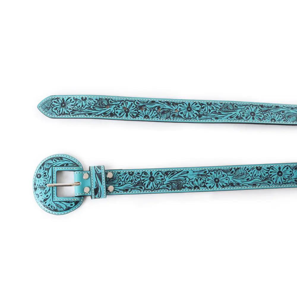 Myra Talon High Azure Tooled Leather Belt for Women with Western embossed floral design and rodeo buckle