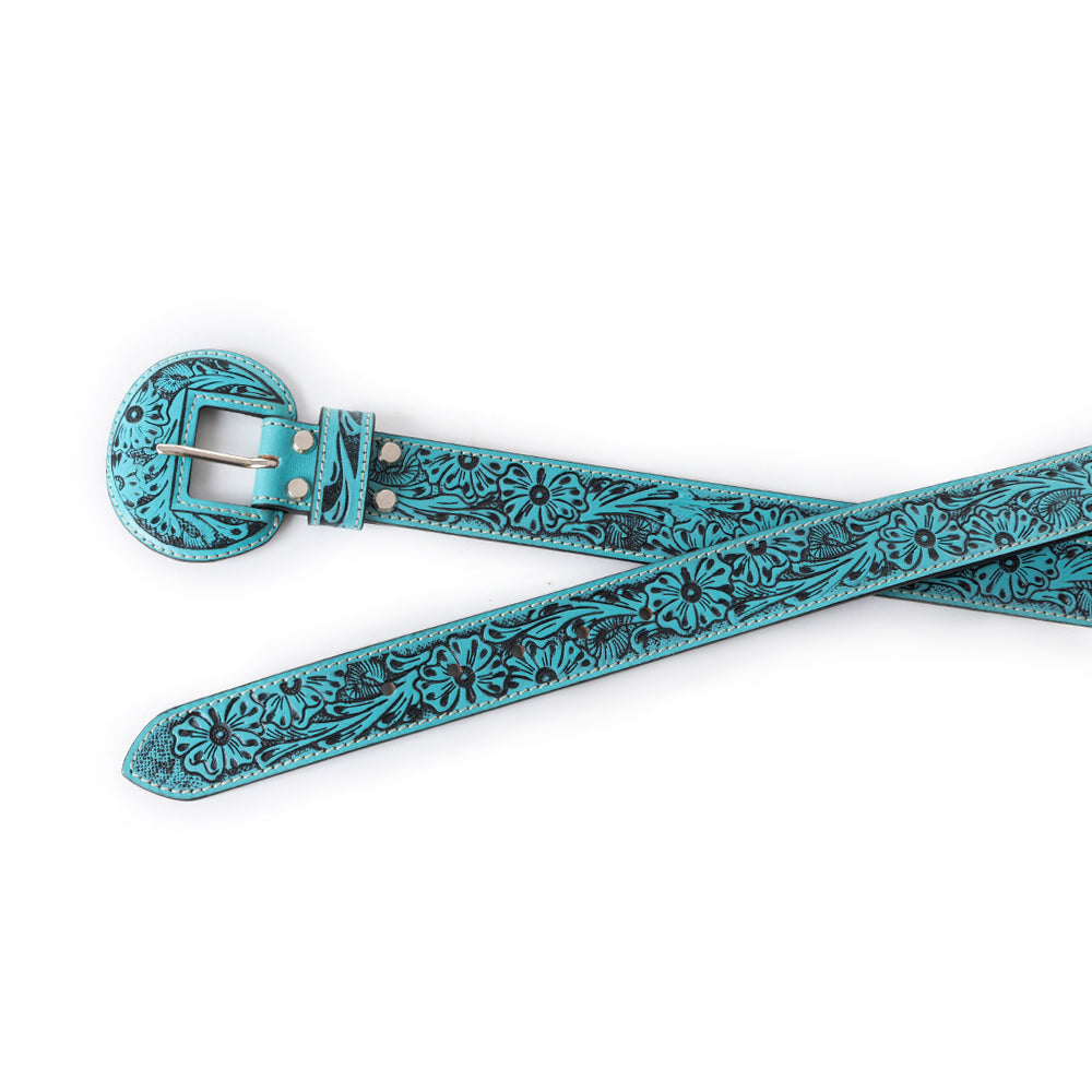 Myra Talon High Azure Tooled Leather Belt for Women with Western floral embossing and round buckle