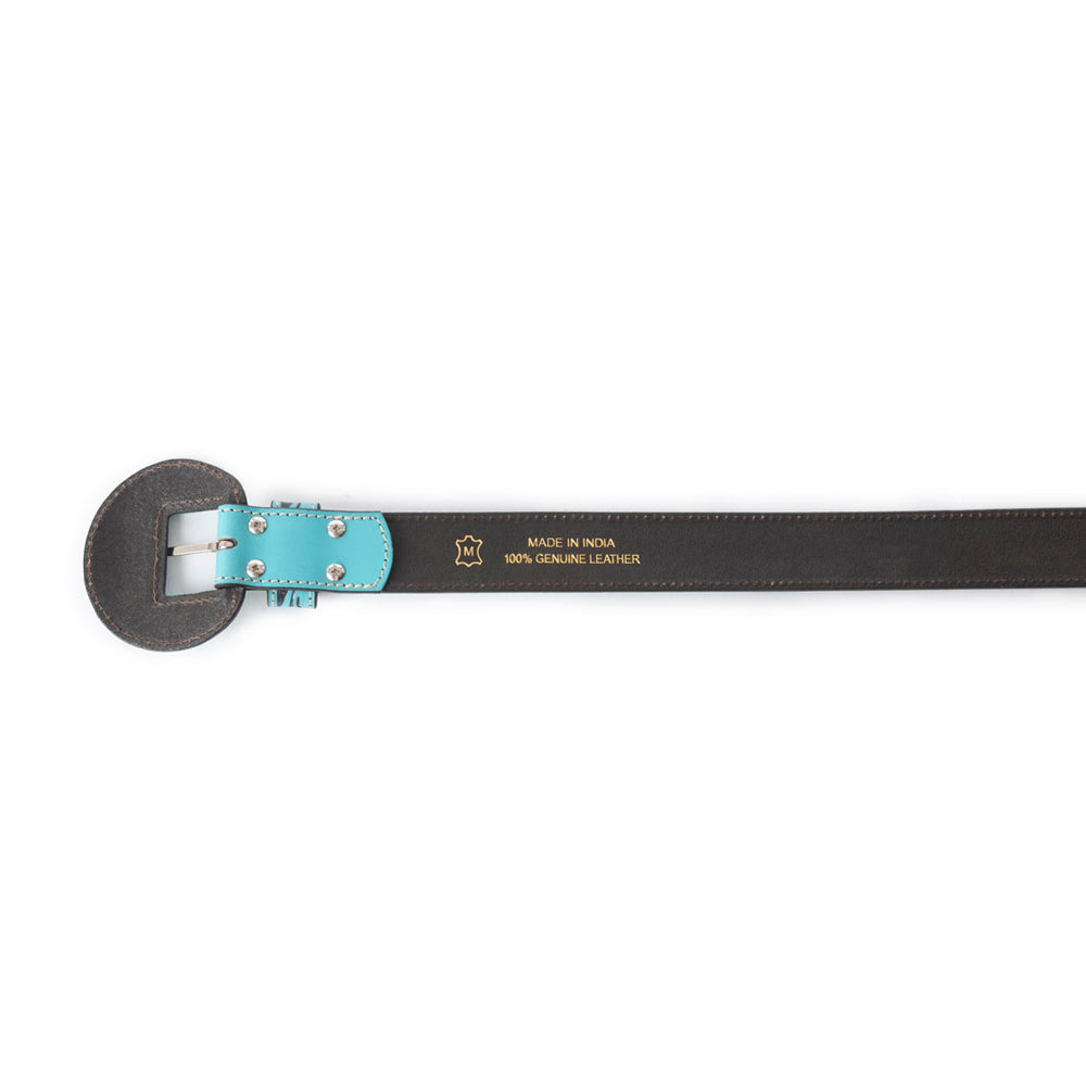 Myra Talon High Azure Tooled Leather Belt for Women with round metal buckle and turquoise accent strap