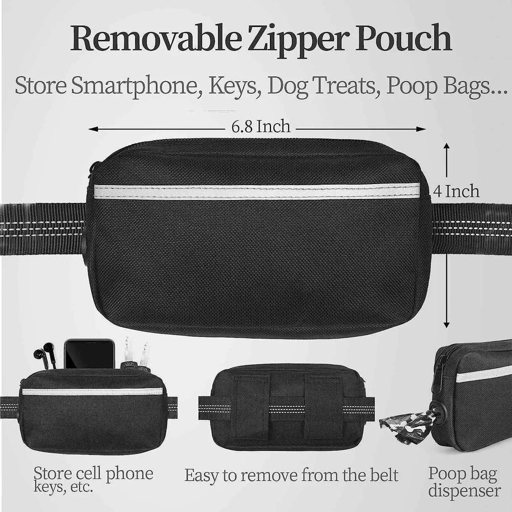 Walk Free Hands-Free Dog Leash with Zipper Pouch by Dabfavshop; black belt bag with removable pouch for phone and keys