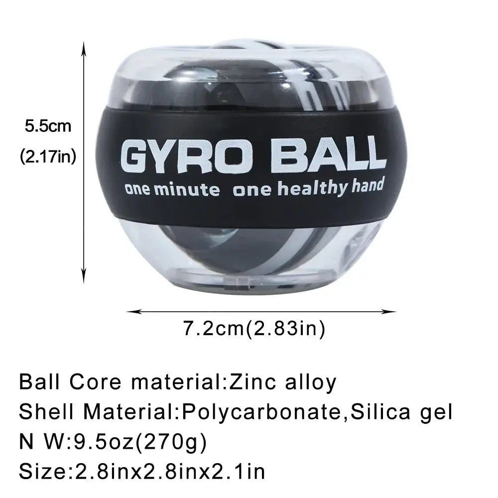 Self-Starting Wrist Gyro Ball hand exerciser with clear shell and black band; zinc alloy core, polycarbonate shell.