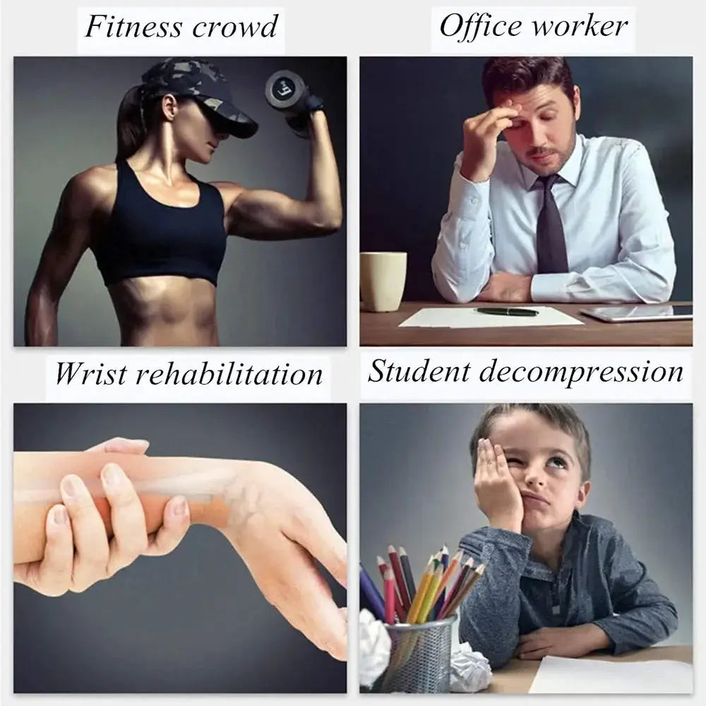 Wrist Gyro Ball Forearm Exerciser by The Shopper Stop four-panel collage: fitness, office, wrist rehabilitation, student.