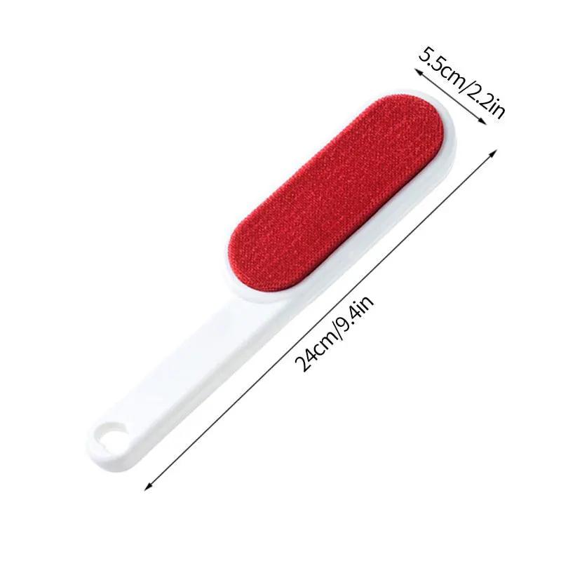 Pet Hair Remover Brush with red fabric pad and white plastic handle, 24 cm long